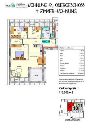 Grundriss Whg. Nr. 9 (nicht maßstabsgetreu - kann vom Original abweichen)