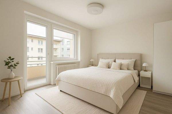 Schlafzimmerraum mit Zugang zum Balkon