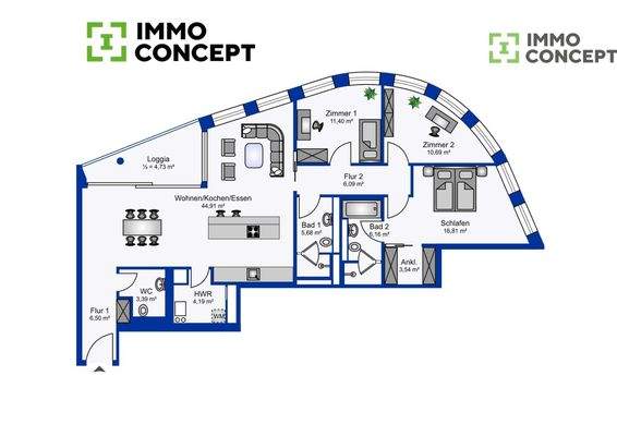 Grundriss beispielhaft möbliert