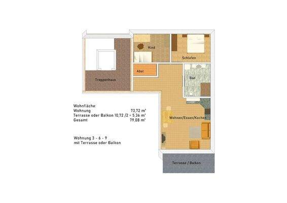 Grundriss Wohnung 3-6-9 (nicht maßstabsgetreu - kann vom Original abweichen)