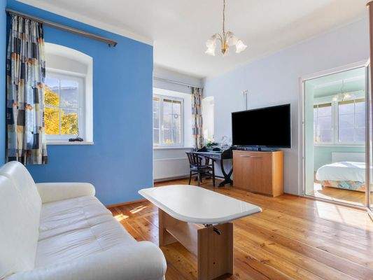 Heller Wohnraum mit angrenzendem Schlafzimmer