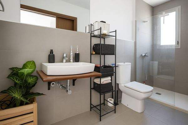 Modernes Badezimmer mit Glasdusche und Naturakzenten