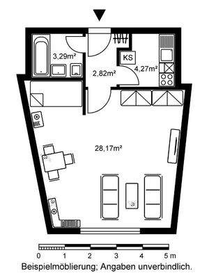 Grundriss mit Flur (2,82m²), Küche (4,27m²), Badezimmer (3,29m²) und Wohn-/Schlafzimmer (28,17m²).