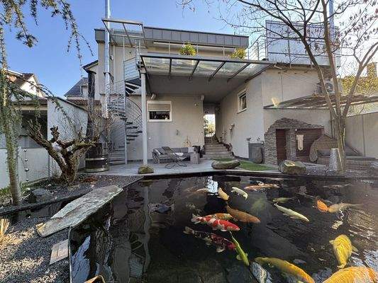 Schwimmteich mit Blick aufs Haus