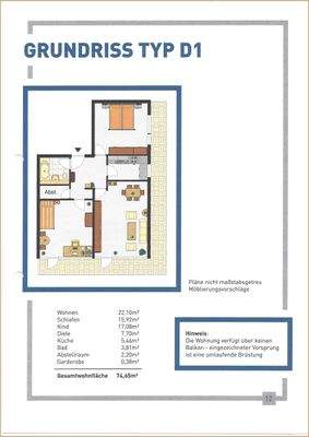 Typ D1, 74 m², ohne Loggia