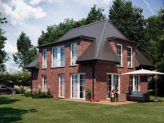 Visualisierung des genehmigten Hauses mit Südwest-Garten, Terrasse und Wohnzimmer