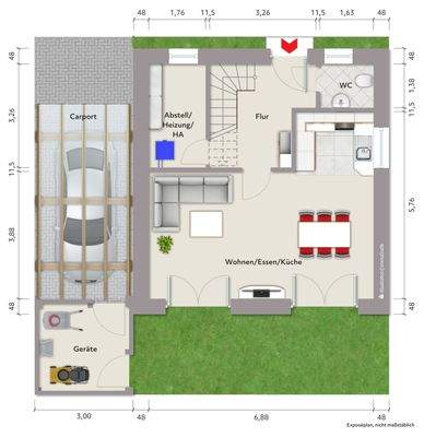 EFH1: Grundriss Erdgeschoss (nicht maßstabsgerecht, Möblierungsbeispiel)