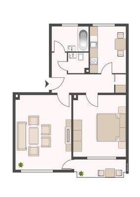 2 Zimmer, links 2-Zimmer-Grundriss bestehend aus Flur, abgeschlossener Küche, Bad mit Badewanne, Wohnzimmer und ein Schlafzimmer
