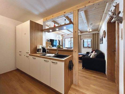 Küche mit Blick in den Wohnbereich