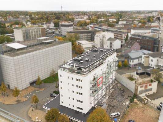 Hausansicht, Wohnung eingezeichnet 