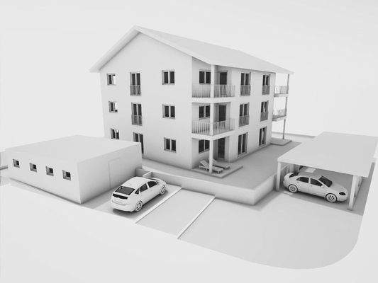 Visualisierung mit Nebengebäude und Carport