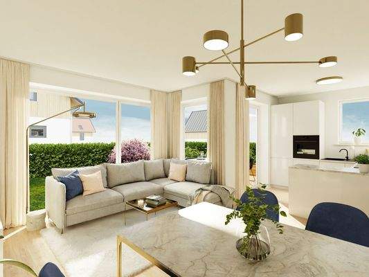 Unverbindliche Visualisierung des Wohn- und Essbereichs