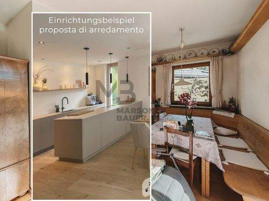 Wohnraum mit anliegender Küche und Einrichtungsvorschlag - soggiorno con annessa cucina e proposta di arredamento