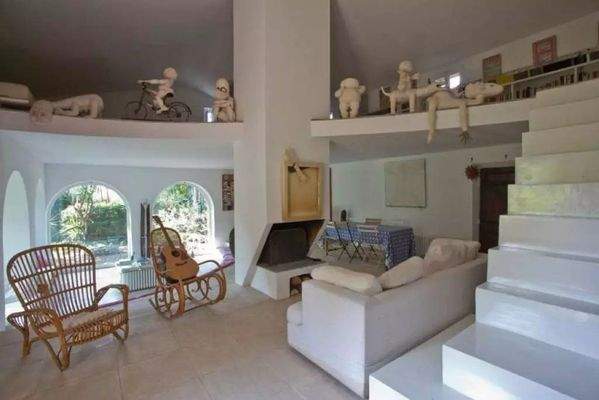 salon avec cheminée et mezzanine habitée