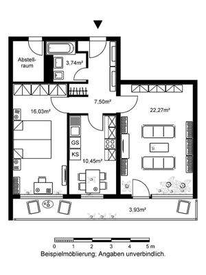 Grundriss mit Wohnzimmer (22,27 m²), Schlafzimmer (16,03 m²),  Küche  (10,45m²), Bad (3,74  m²), Flur (7,50 m²) und Balkon(3,93  m²)