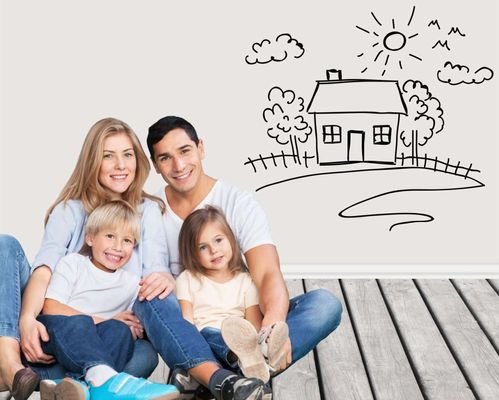 Familie mit gemalten Haus Foto