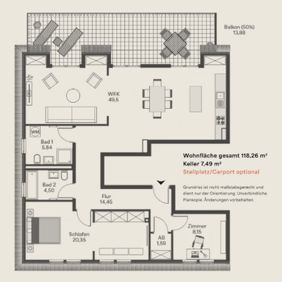 Grundriss 3-Zimmer Variante