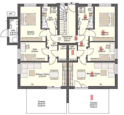 Grundriss Whg.2, EGli rot markiert 