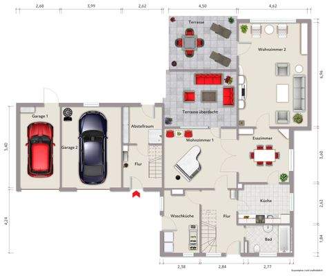 Grundriss Erdgeschoss (nicht maßstabsgerecht, Möblierungsbeispiel)
