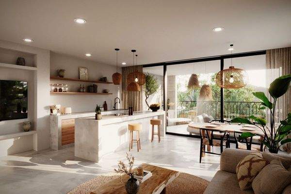 Blick auf den offenen Essbereich und Küche