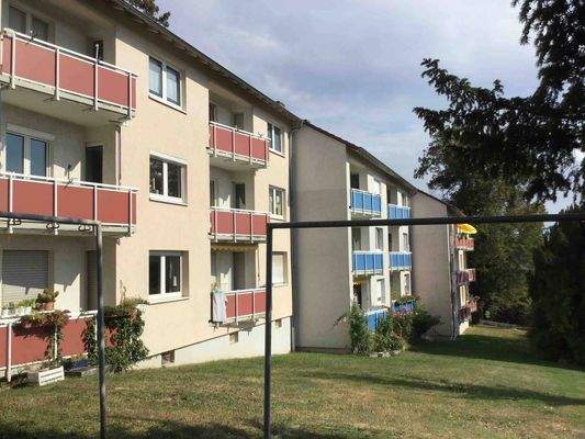 Rückansicht eines mehrstöckigen Wohngebäudes mit Balkonen, umgeben von Bäumen, Sträuchern und Wäschestangen.