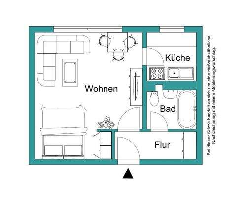 Grundriss der 1-Zimmer-Wohnung mit grpßem Wohnraum, Küche, Bad und Flur