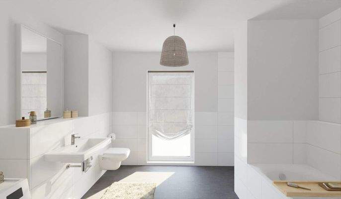 Tageslichtbad mit bodengleicher Dusche und Badewanne