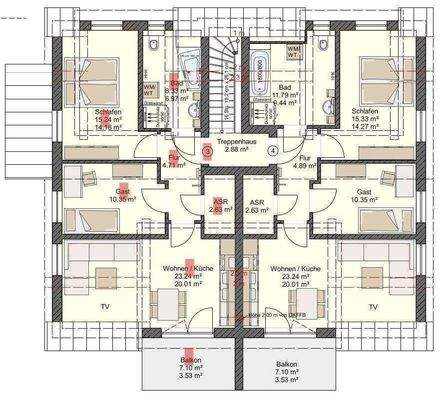 Grundriss Whg.3, DGre rot markiert 