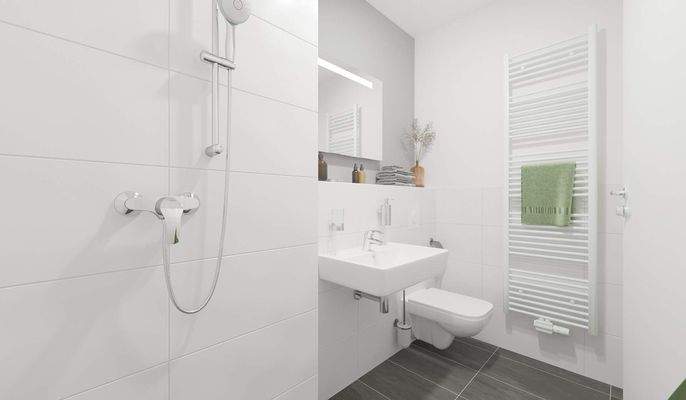 Modern gefliestes Badezimmer mit bodengleicher Dus