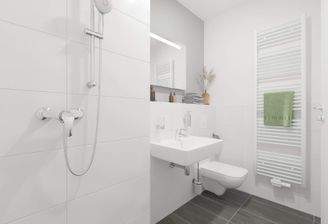 Modern gefliestes Badezimmer mit bodengleicher Dus