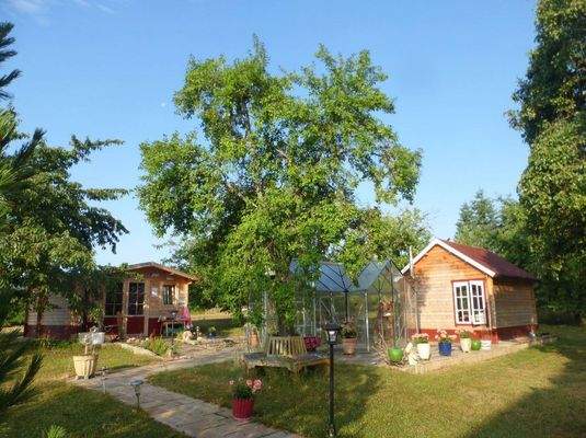 Blick auf Gartenhäuschen