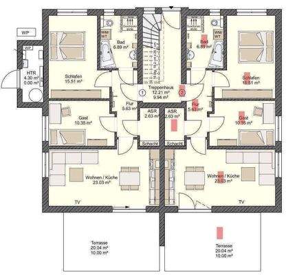 Grundriss Whg.2, EGli rot markiert 