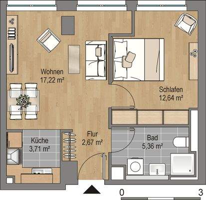 Grundriss mit Wohnzimmer (17,22 m²), Schlafzimmer (12,64 m²), Küche (3,71 m²), Flur (2,67 m² und Badezimmer (5,36 m²)