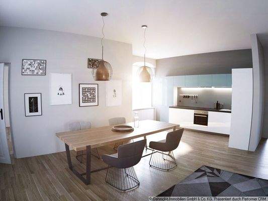 Visualisierung Wohnzimmer mit Küche