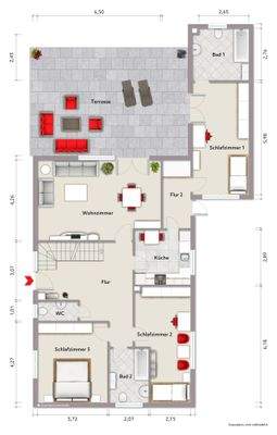 Grundriss Erdgeschoss (nicht maßstabsgerecht, Möblierungsbeispiel)