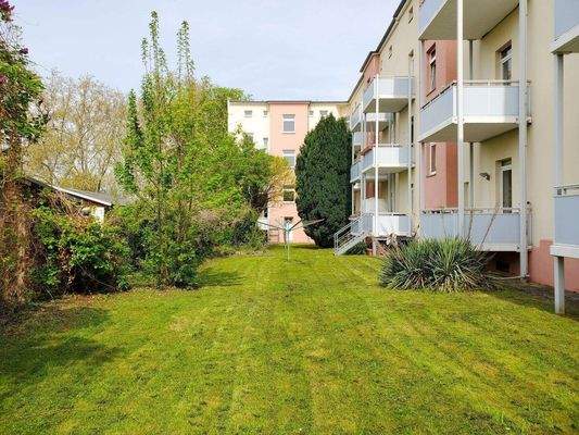 Wiese und Trockenplätze hinter den Häusern