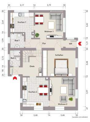 Grundriss Erdgeschoss (nicht maßstabsgerecht, Möblierungsbeispiel)