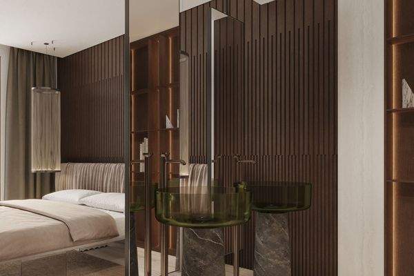 Schlafzimmer mit Waschbeckenbereich