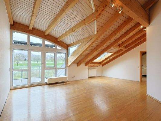 Lichtdurchfluteter Wohnbereich mit angrenzender Küche