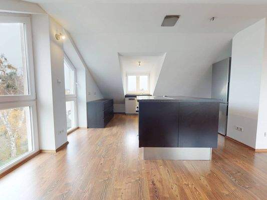 Ansicht IV: Wohn- und Esszimmer mit offenem Küchenbereich