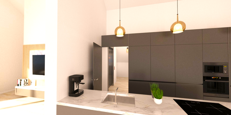 Penthouse - Küche mit begehbarer Speisekammer + Aufzugzugang