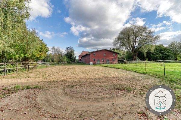 Sandpaddock mit Blick auf den Hof