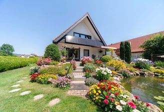 Vision-Hausansicht mit Garten, Blumen Vision