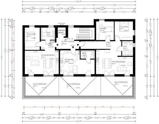 Grundriss mit Maßketten, 4. OG, W 17,18,19