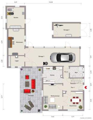 Grundriss Erdgeschoss (nicht maßstabsgerecht, Möblierungsbeispiel)