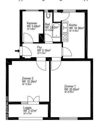 Grundriss, weicht im Bad leicht ab