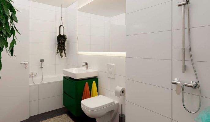 Das Badezimmer enthält eine bodengleiche Dusche