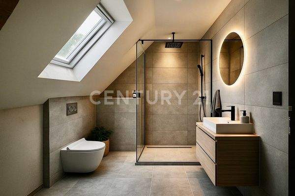 Modern visualisiertes Badezimmer mit Dachfenster