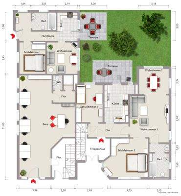Grundriss Erdgeschoss (nicht maßstabsgerecht, Möblierungsbeispiel)