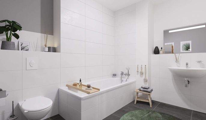 Das Badezimmer ist modern ausgestattet und enthält